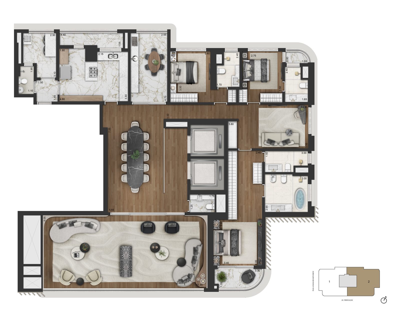 Planta decorada do apartamento de 279,30m², opção 2