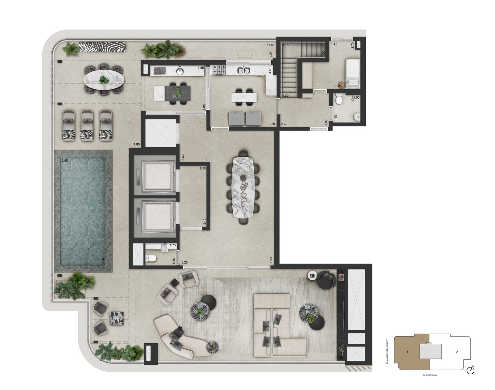 Planta duplex superior de 516,40m², 45º pavimento