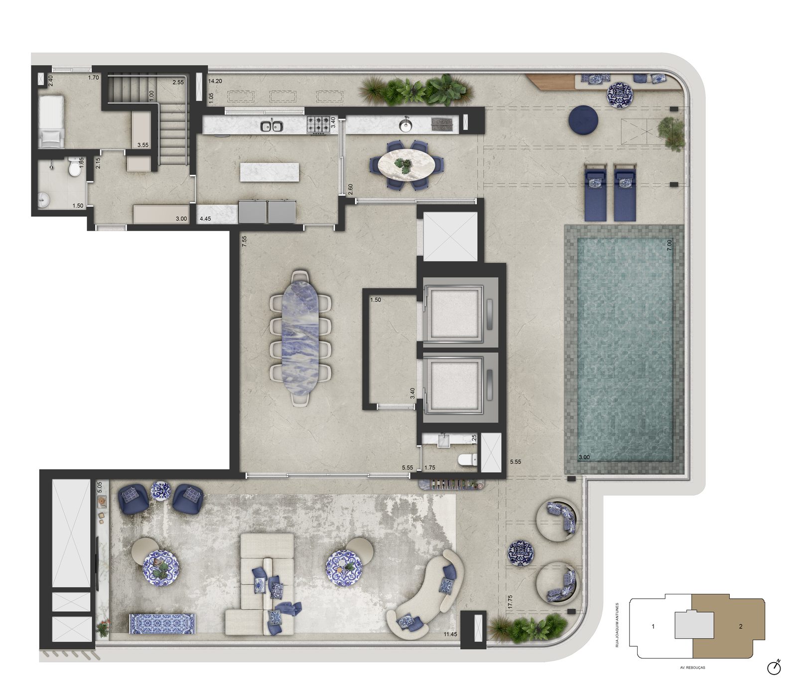 Planta duplex superior de 591,50m², 45º pavimento