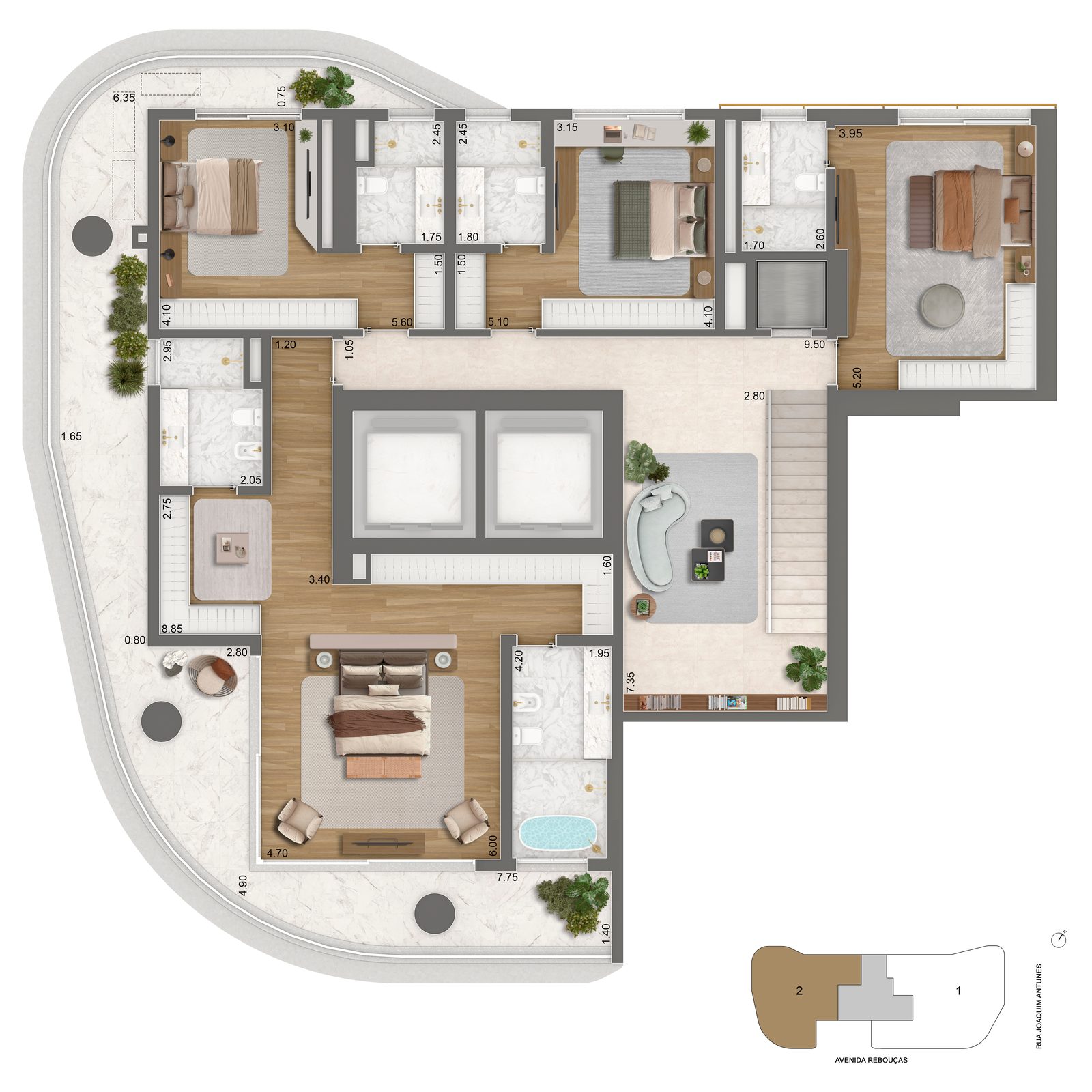 Planta inferior da casa de 536m², 54º e 56º pavimentos