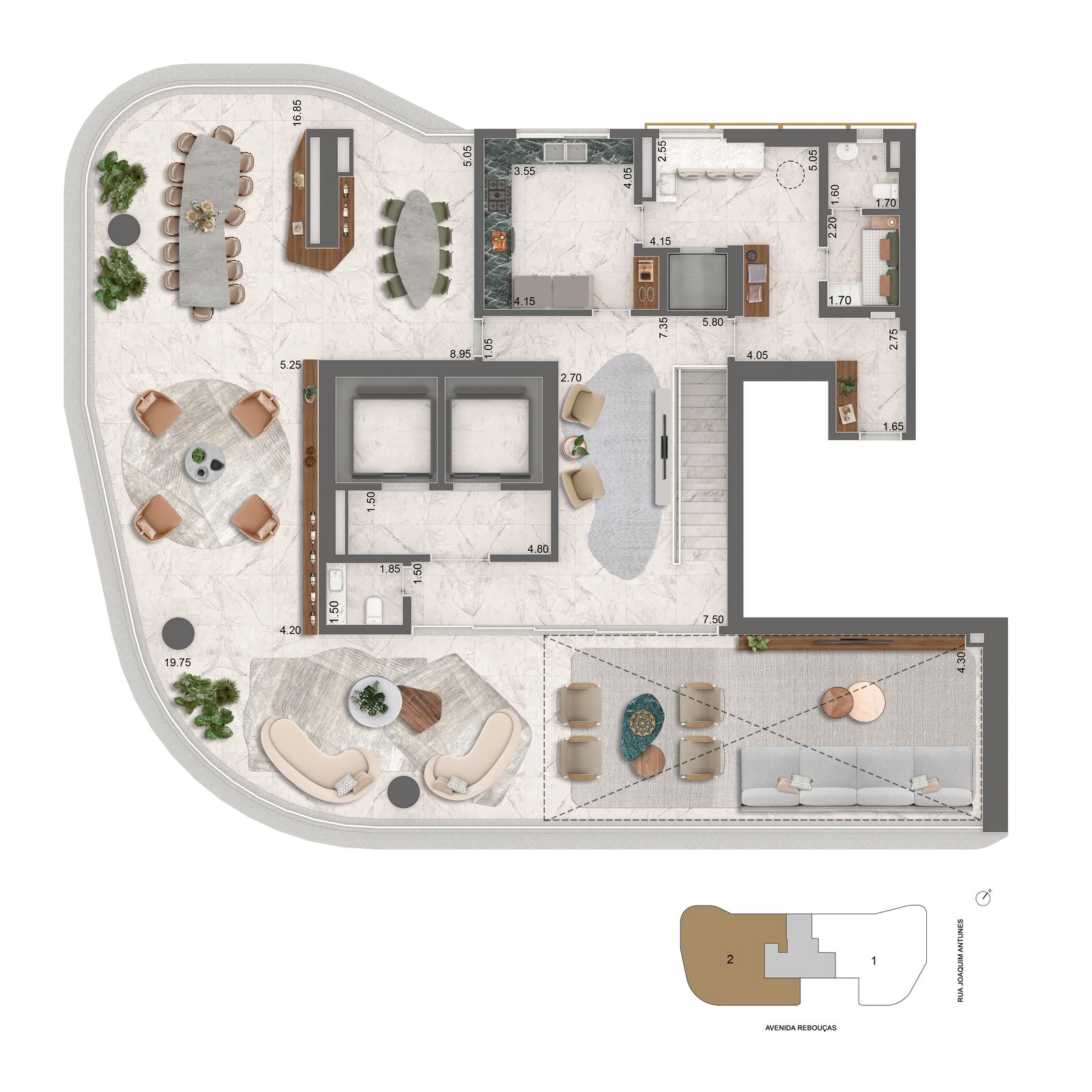 Planta superior da casa de 536m², 53º, 55º e 57º pavimentos