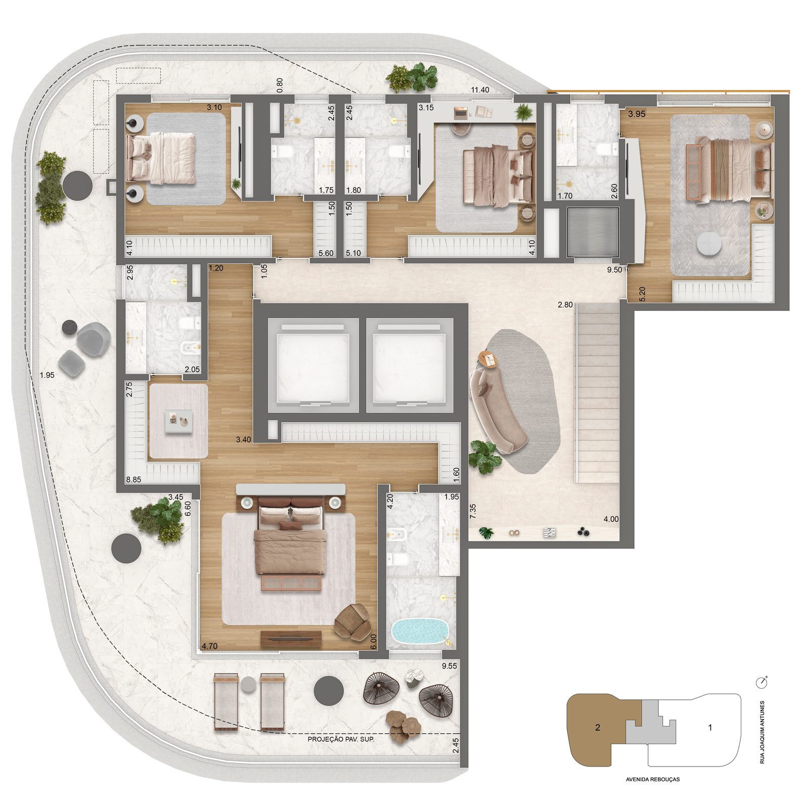 Planta garden inferior da casa de 565m², 52º pavimento