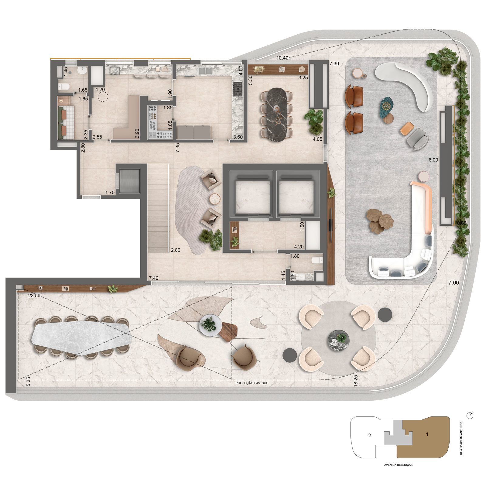 Planta garden inferior da casa de 637m², 52º pavimento