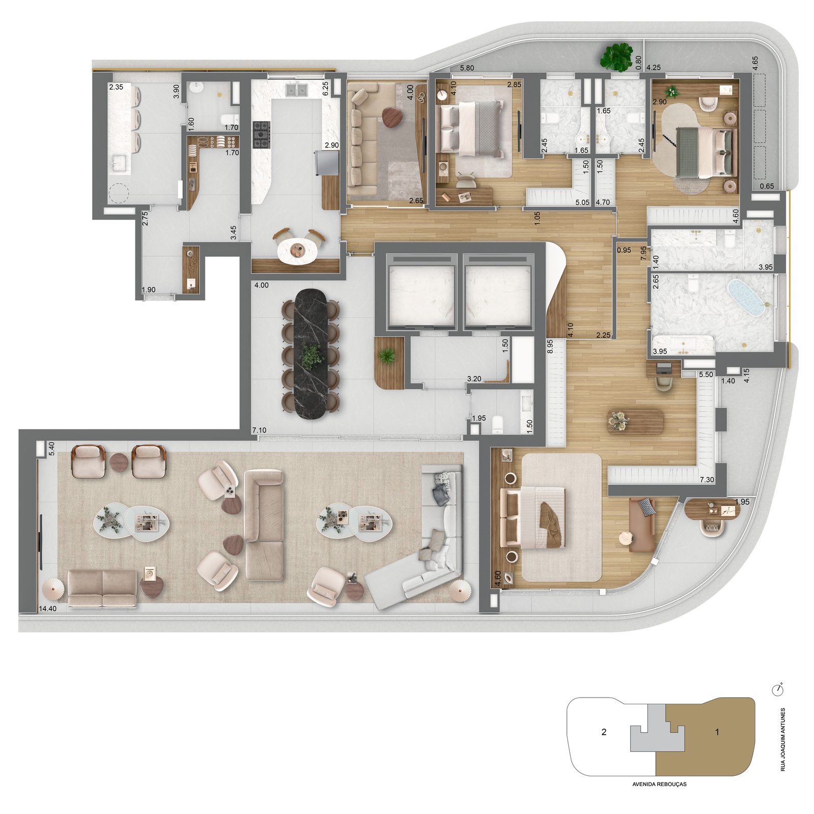 Planta decorada do apartamento de 379m², Tipologia 1 Final 1