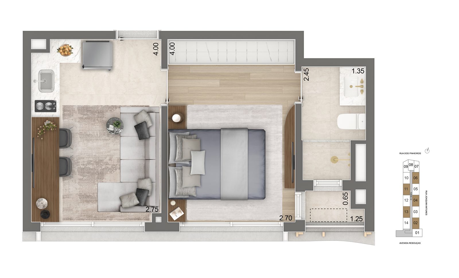 Planta padrão do apartamento HMP de 31m², Torre 2
