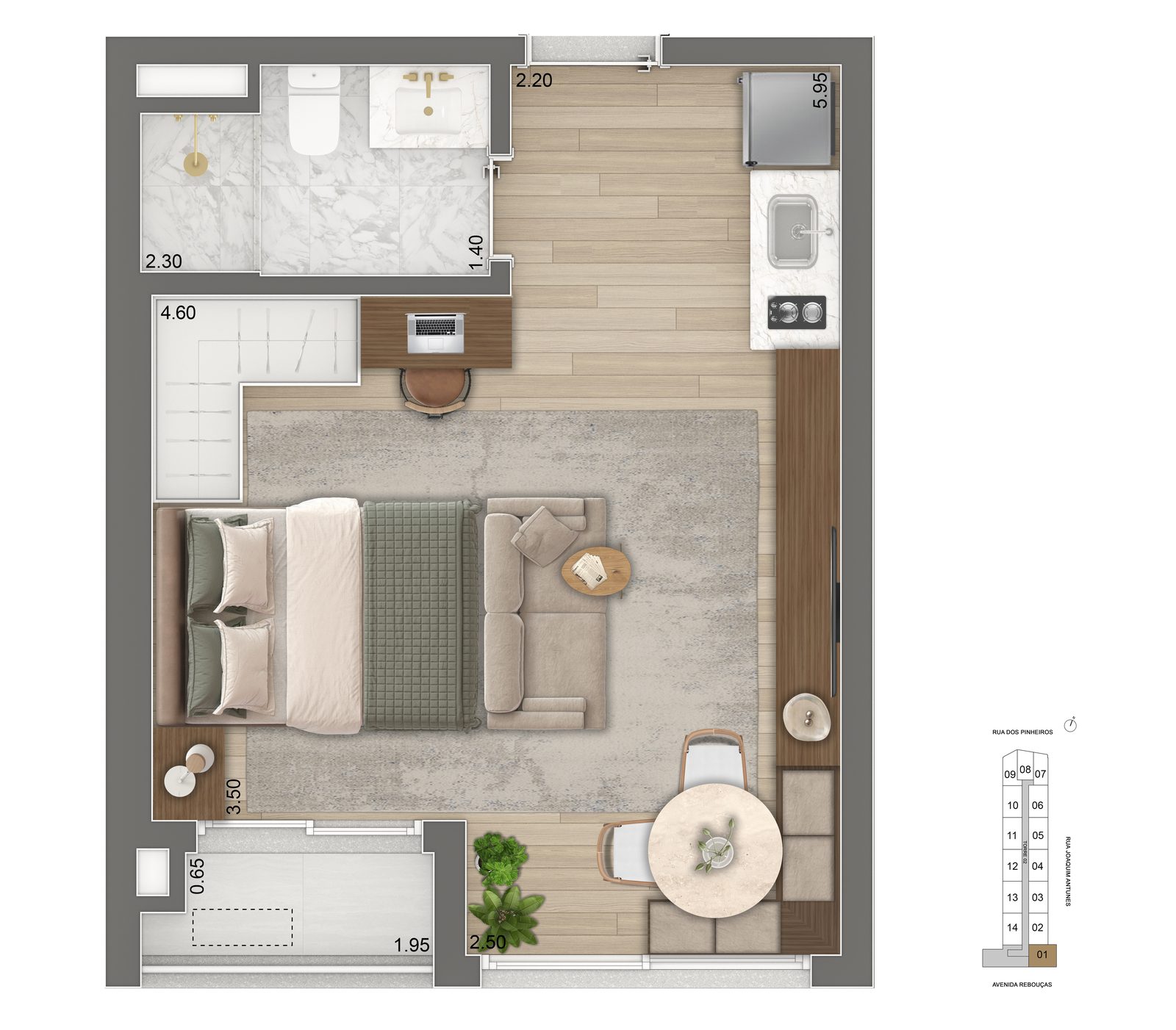 Planta padrão do apartamento HMP de 32m², unidade de ponta