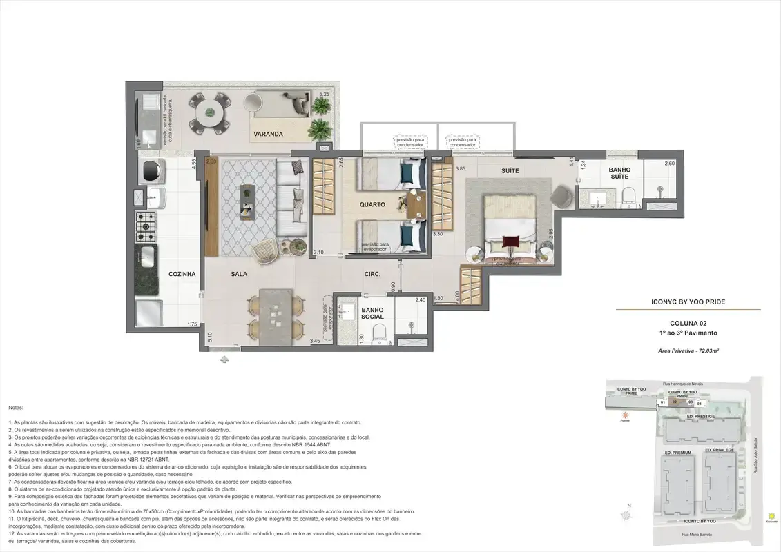 Planta ilustrativa · Apartamento 2 quartos, andares 1 ao 3, 72m²