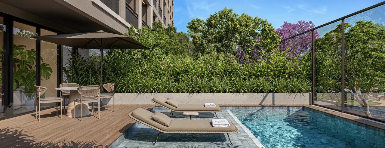 Ilustração artística do terraço da Pool House, vista para o Parque Linear