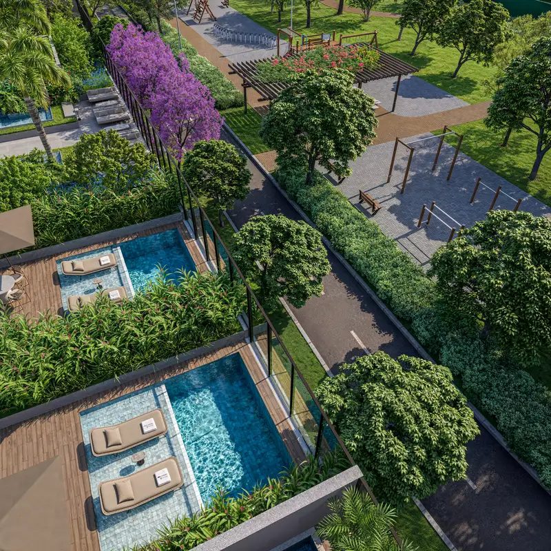 Ilustração artística dos terraços das Pool Houses, vista para o Parque Linear