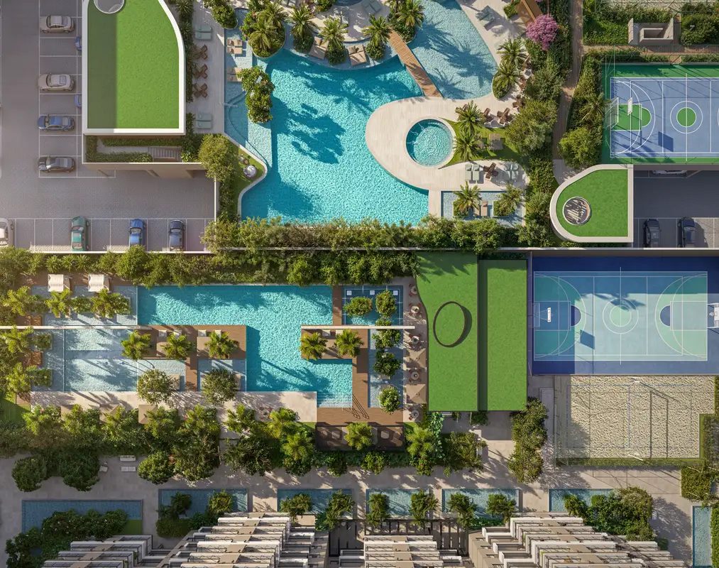 Ilustração artística: vista aérea do lazer do ON RESORT e parte do In The Park