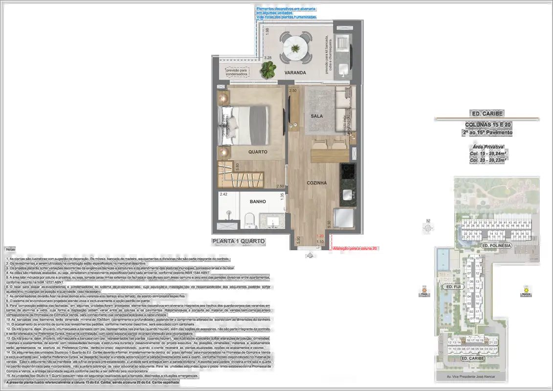 Ed. Caribe, opção 1 quarto, 39,23m²