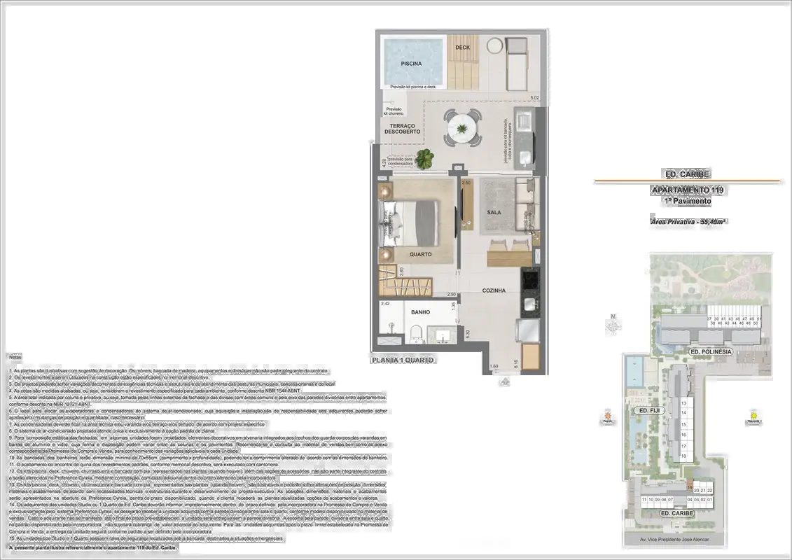 Garden Ed. Caribe, opção 1 quarto, 55,40m², com piscina privativa