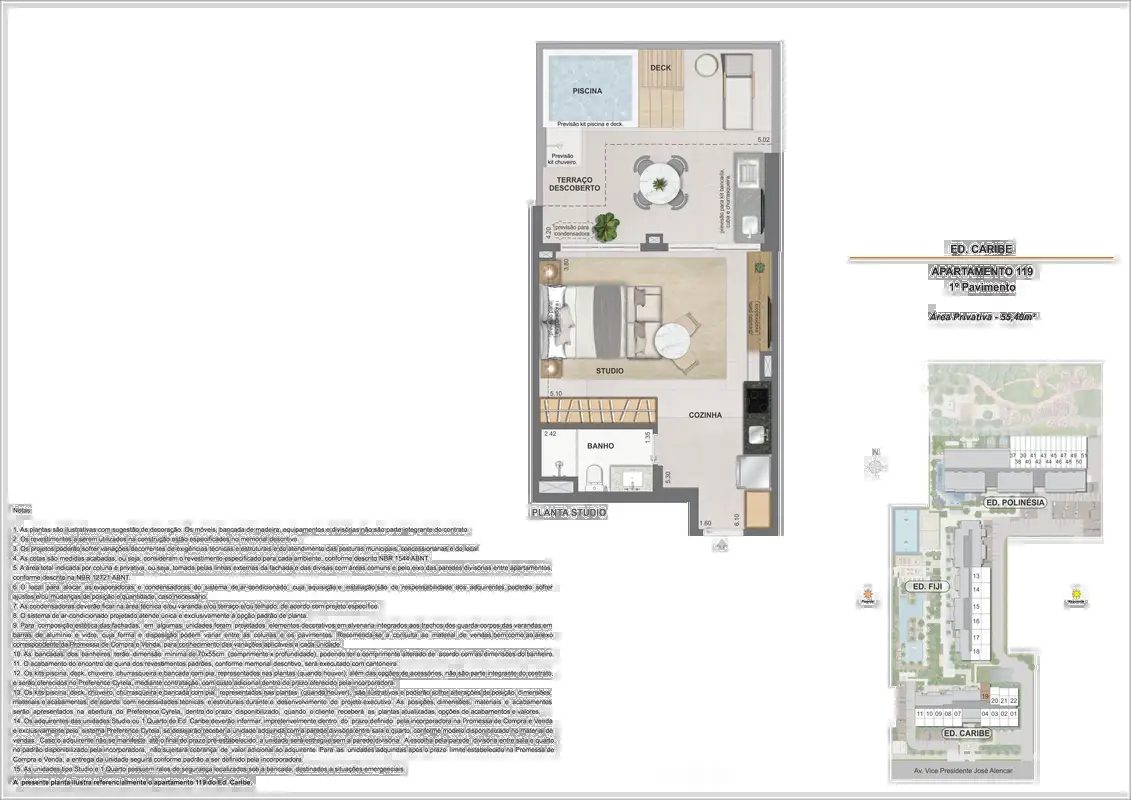Garden Ed. Caribe, opção studio, 55,40m², com piscina privativa