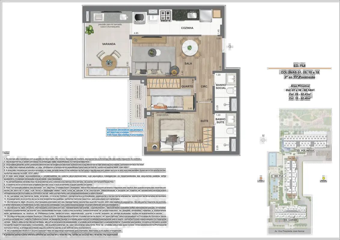 Ed. Fiji, 2 quartos, 60m², colunas 01, 09, 10 e 18