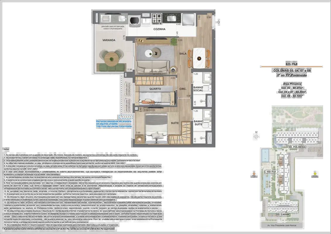 Ed. Fiji, 2 quartos, 60m², colunas 03, 04, 07 e 08