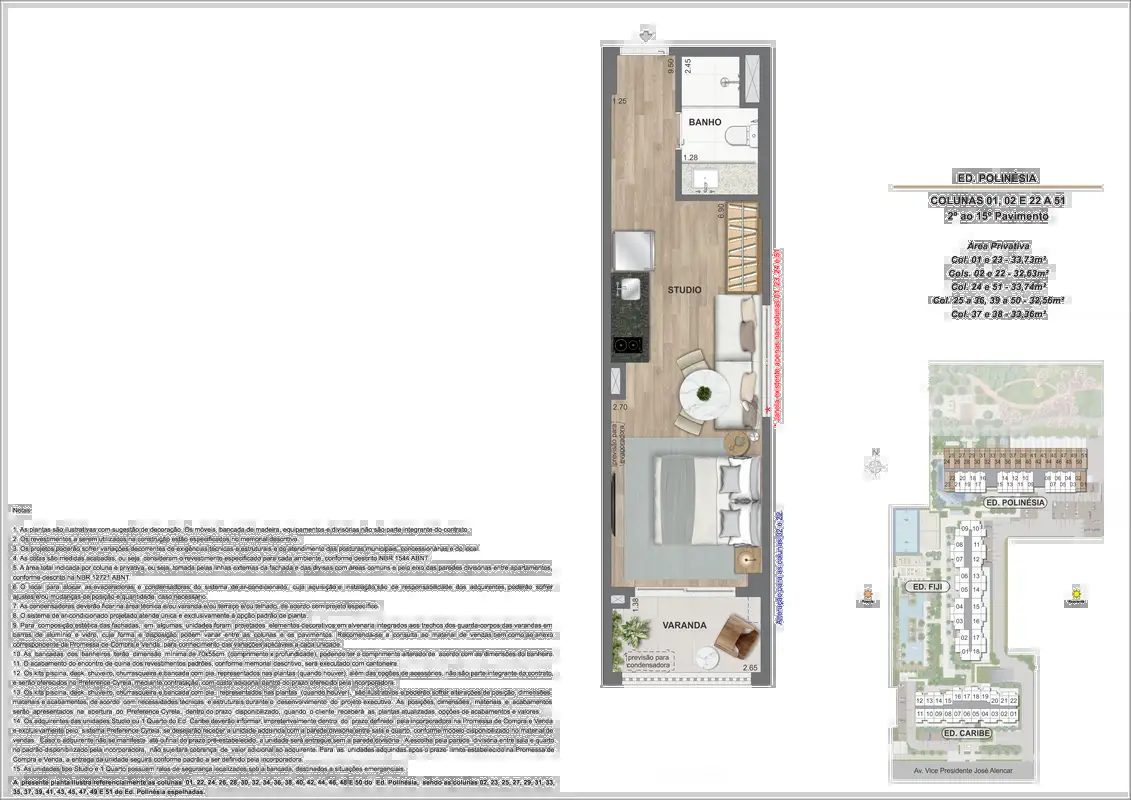 Ed. Polinésia, studio, 32 a 33m², colunas 01, 02 e 22 a 51