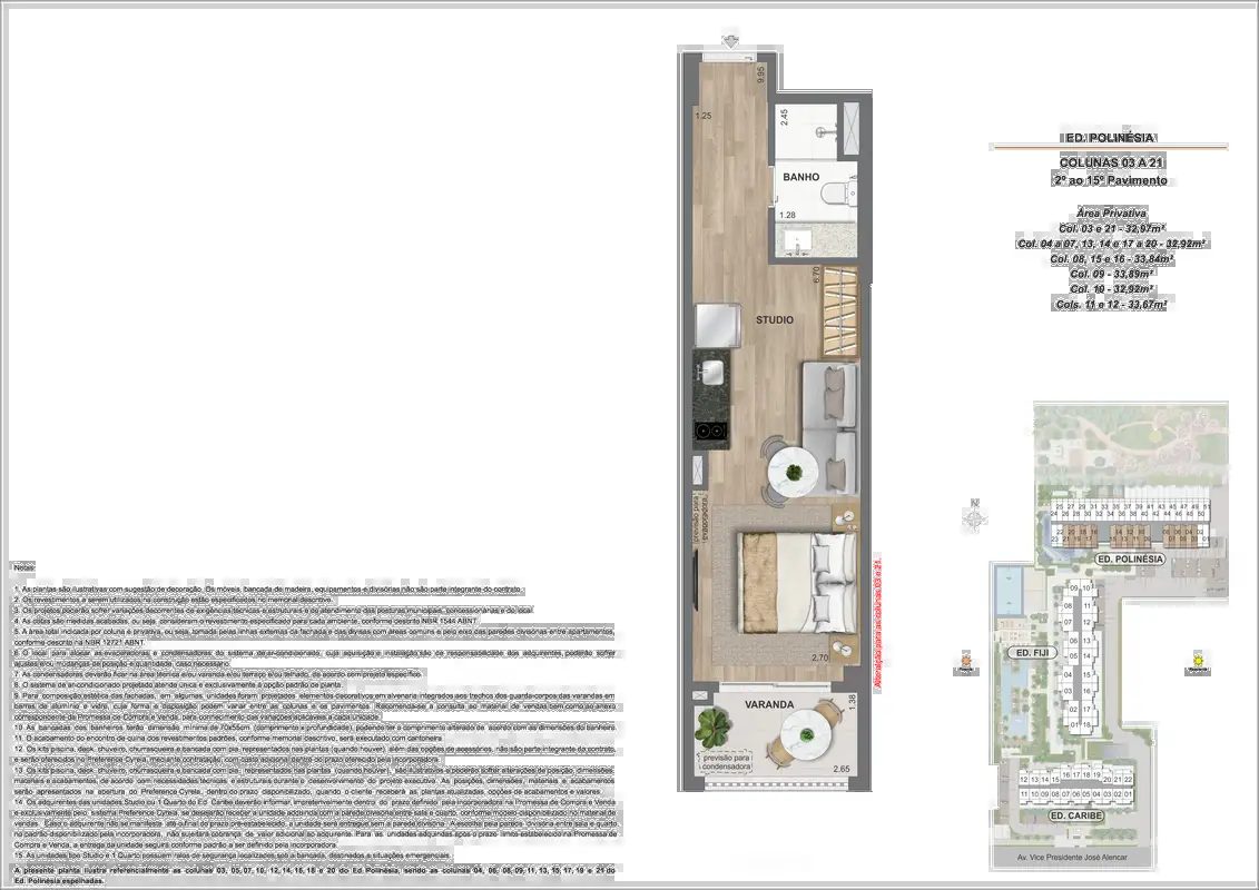 Ed. Polinésia, studio, 32 a 33m², colunas 03 a 21