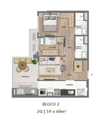Planta 2 quartos 59 e 60m², Bloco 2