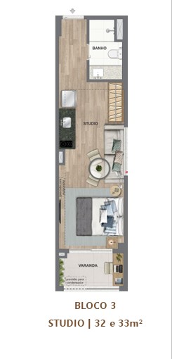 Planta studio 32 e 33m², Bloco 3
