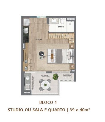 Planta studio ou sala e quarto 39 e 40m², Bloco 1