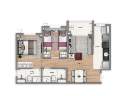 Planta confirmada de 2 quartos com suíte, 50m², idêntica ao Living Full Imagine