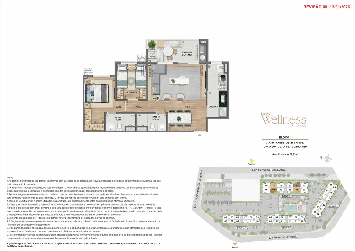 Planta: Apartamento 2 quartos · Bloco 1 · final 01 · opção sala ampliada