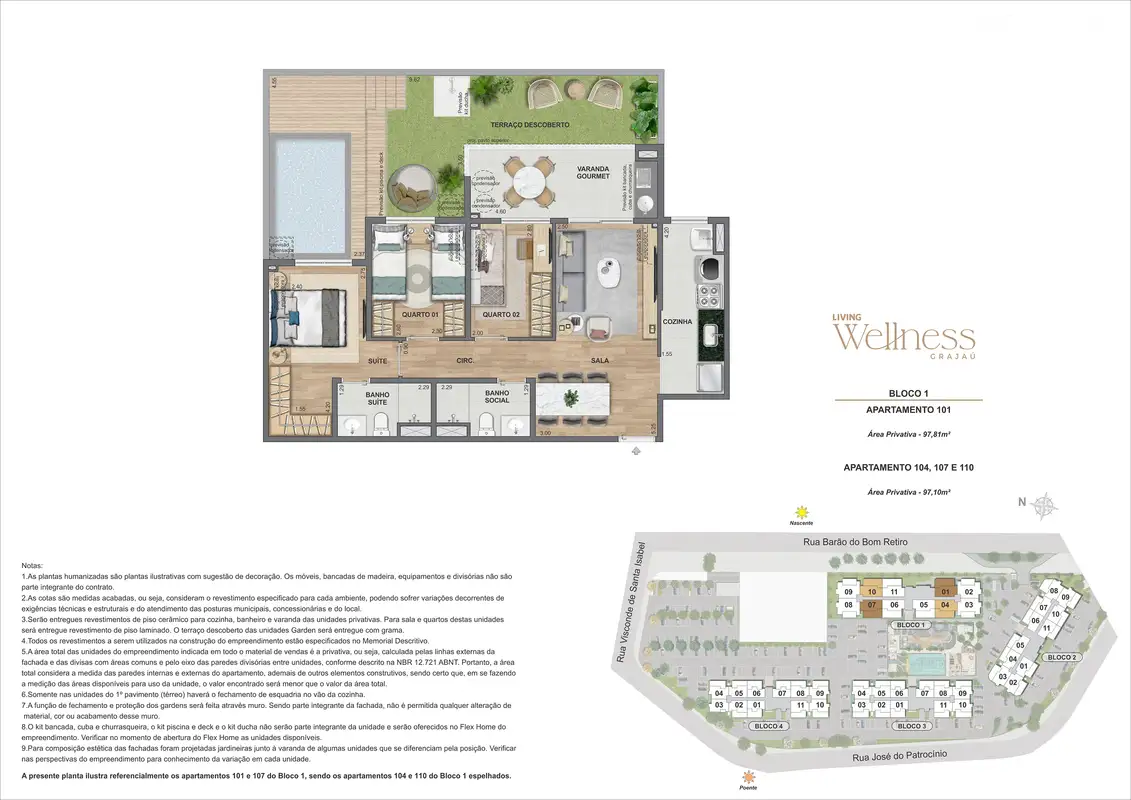 Planta: Garden 3 quartos · Bloco 1 · unidade 101
