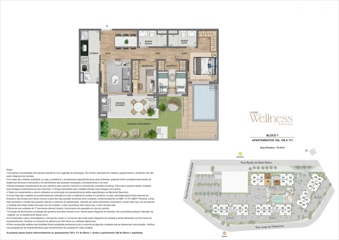 Planta: Garden 3 quartos · Bloco 1 · unidade 105