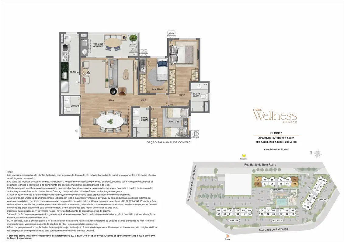 Planta: Apartamento 3 quartos · Bloco 1 · final 02 · opção sala ampliada