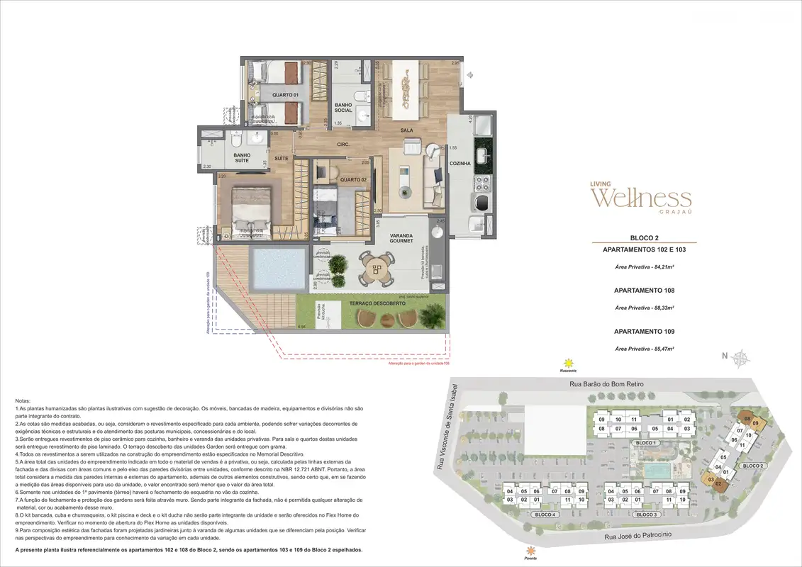 Planta: Garden 3 quartos · Bloco 2 · unidade 102
