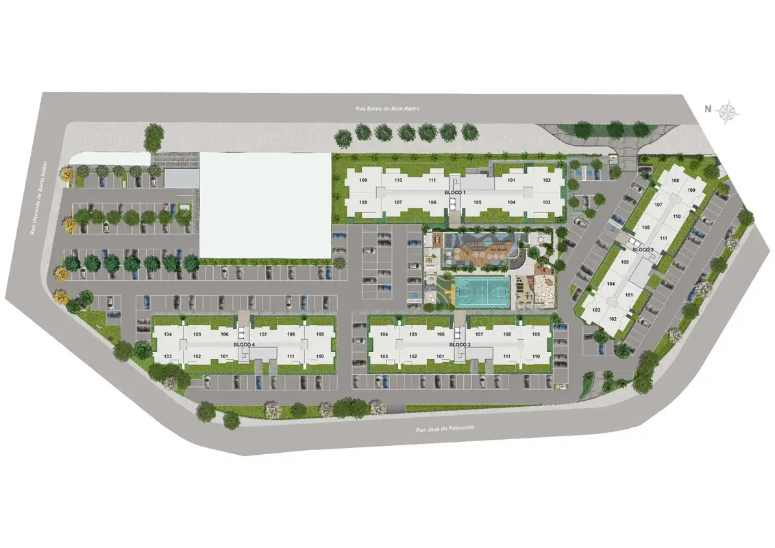 Planta: Masterplan · 4 blocos e implantação do lazer