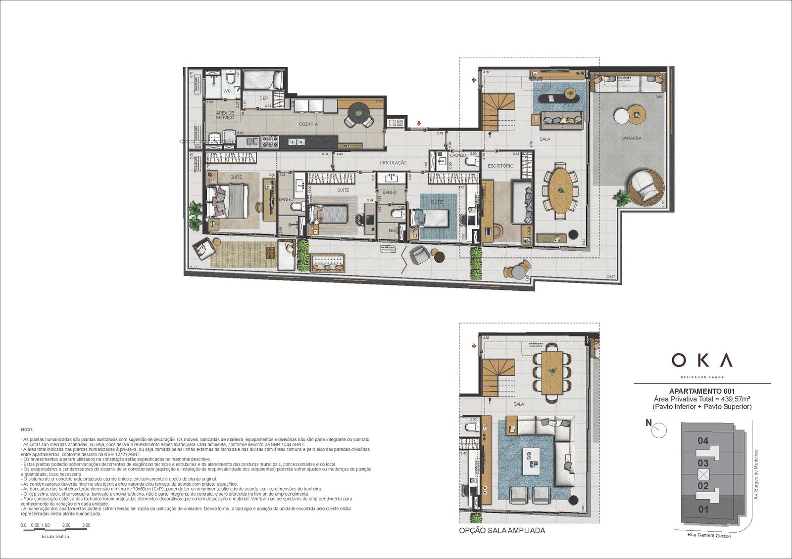 Planta ilustrativa · Cobertura Duplex Coluna 01, 439,57m² (pavimento inferior)