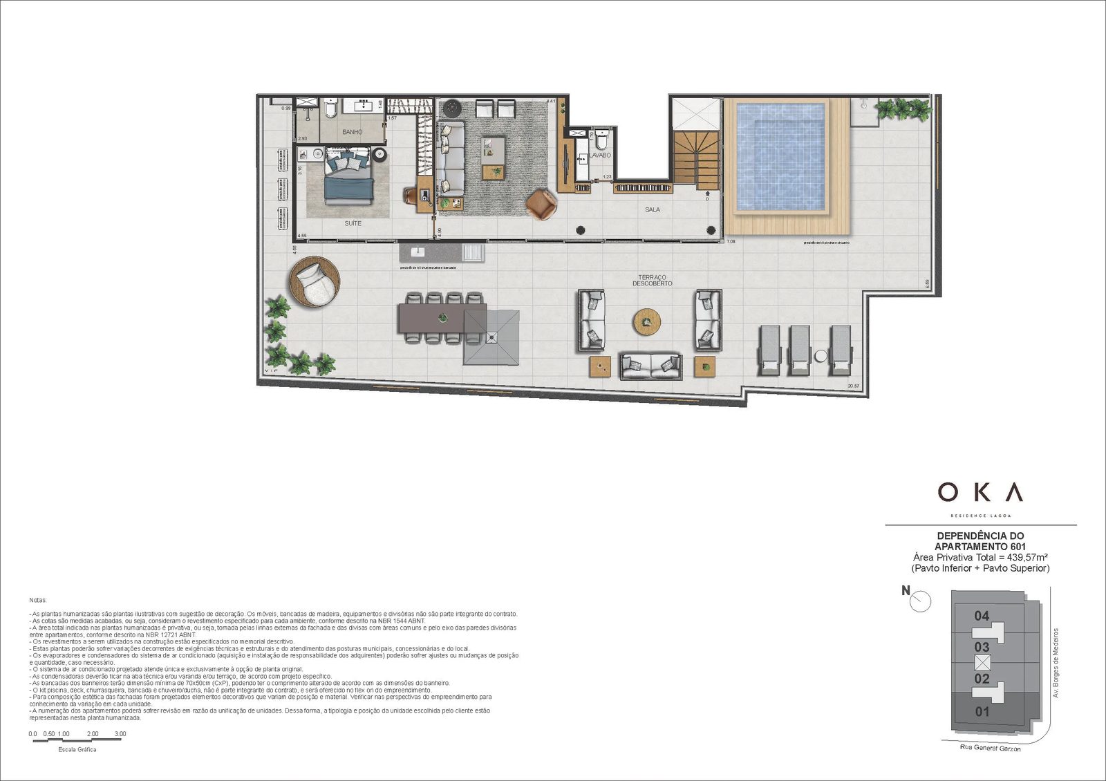 Planta ilustrativa · Cobertura Duplex Coluna 01, 439,57m² (pavimento superior)