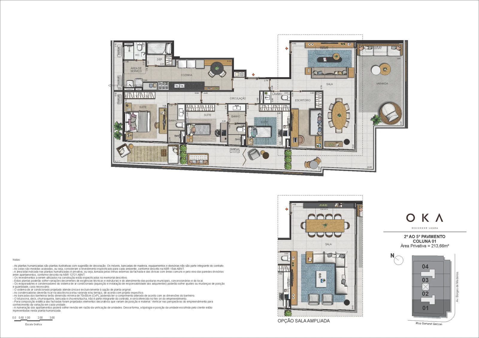 Planta ilustrativa · Tipo Coluna 01, 213,66m²