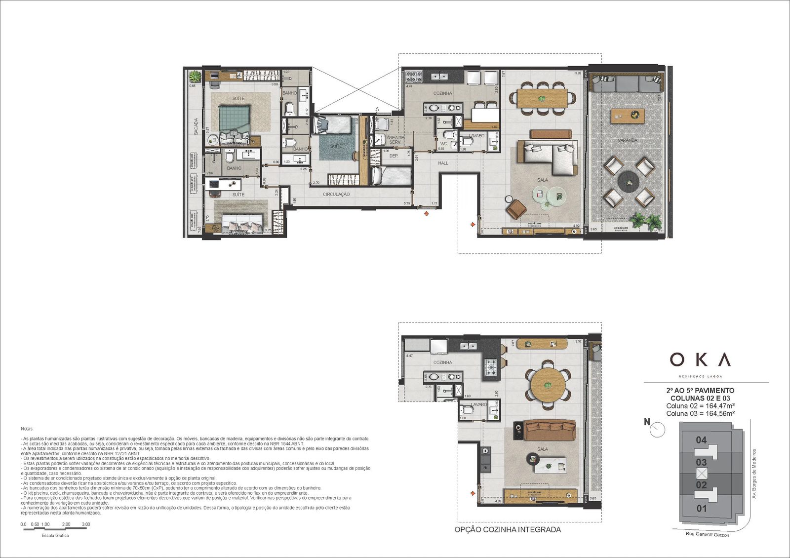 Planta ilustrativa · Tipo Coluna 02 e 03, 164,47m²