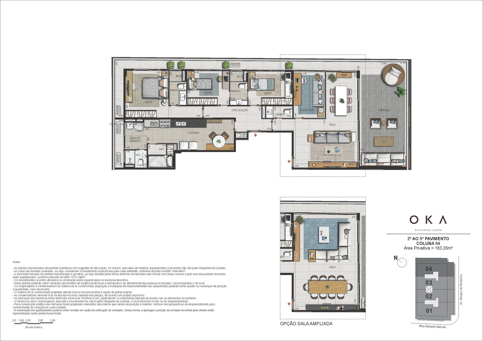 Planta ilustrativa · Tipo Coluna 04, 183,35m²