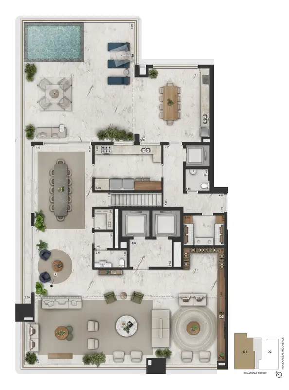 Planta 698,10 m² · duplex, piso inferior (45º pav.)
