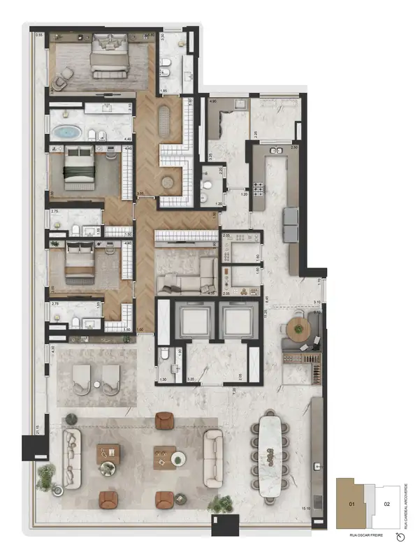 Planta 365,20 m² · opção 3 suítes, sala ampliada