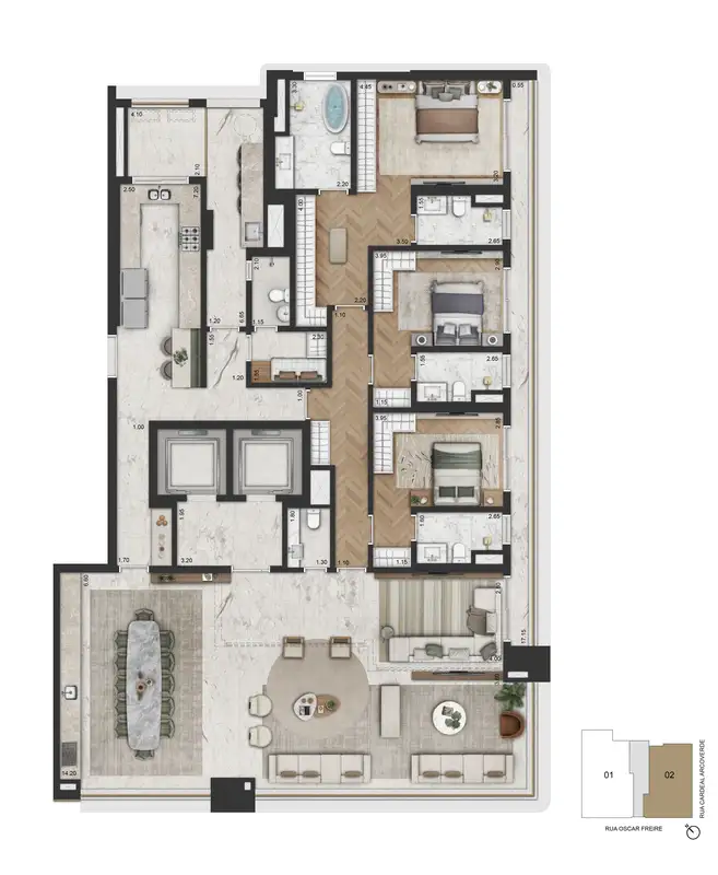 Planta 284,60 m² · opção 3 suítes, versão B